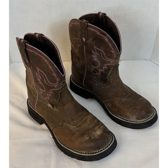 JUSTIN Gemma Gypsy Leather Western Ankle Work Boots Women 10B Brown Slip Resist - Picture 1 of 16
